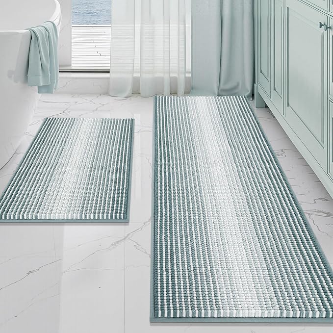 BSICPRO Bathroom Rugs and Mats Sets, 2 Piece Thick Absorbent Chenille Bath Mat Rug Set Non Slip, Soft Shaggy Bath Room Floor Mats for Bathroom, Machine Washable (Sea Green, 20" x 60" Plus 20" x 32")