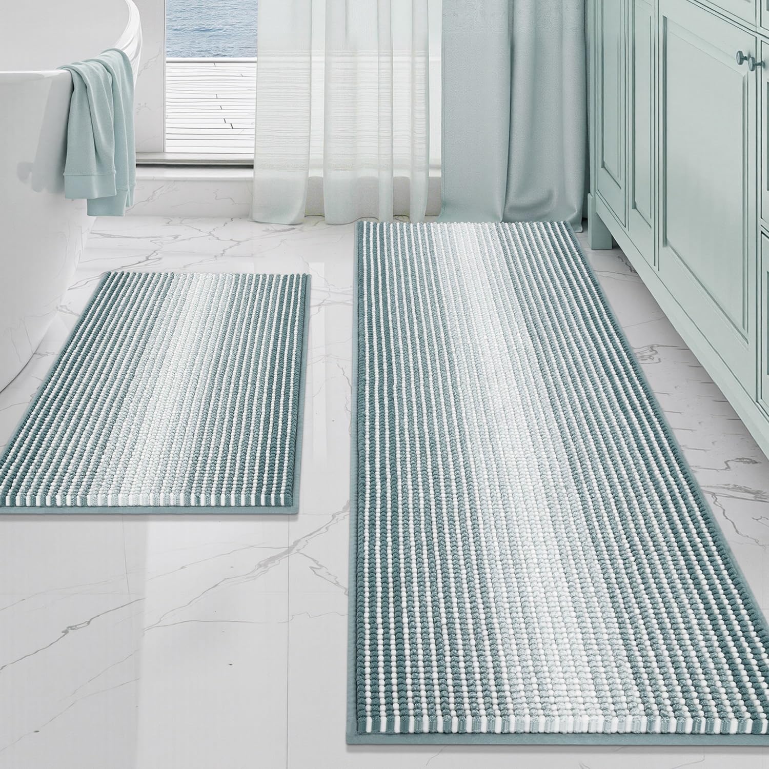 BSICPRO Bathroom Rugs and Mats Sets, 2 Piece Thick Absorbent Chenille Bath Mat Rug Set Non Slip, Soft Shaggy Bath Room Floor Mats for Bathroom, Machine Washable (Sea Green, 20" x 60" Plus 20" x 32")