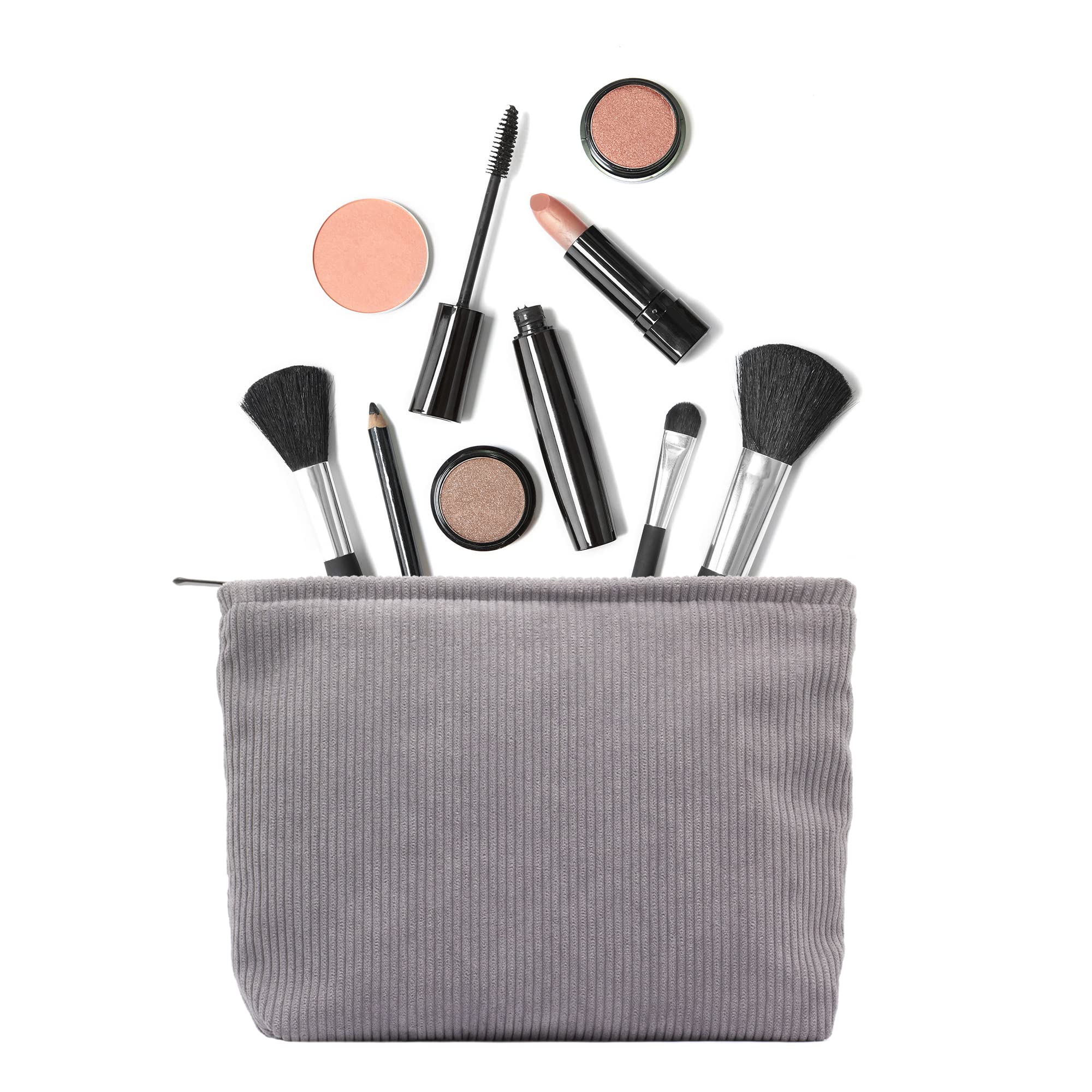 PAZIMIIK Makeup Bag Large Zipper Corduroy Make Up Pouch for Purse Travel Canvas Cosmetic Organizer for Women Brush Storage,Grey