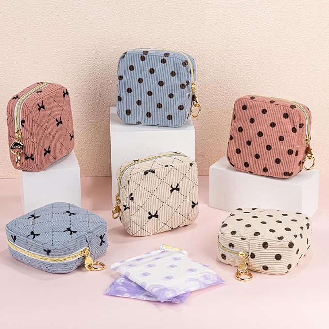 Period Bag for Teen Girls, Corduroy Cute Sanitary Napkin Storage Bag, Menstrual Pad Pouches Tampon Holder for Purse (Beige-Polka Dots)
