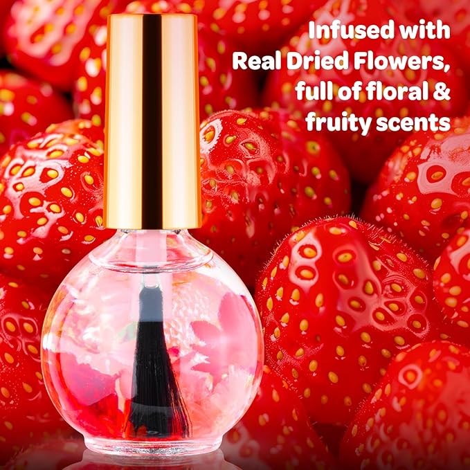 JIASHENG Cuticle Oil, Strawberry Nail Oil Infused with Real Flowers 15ml