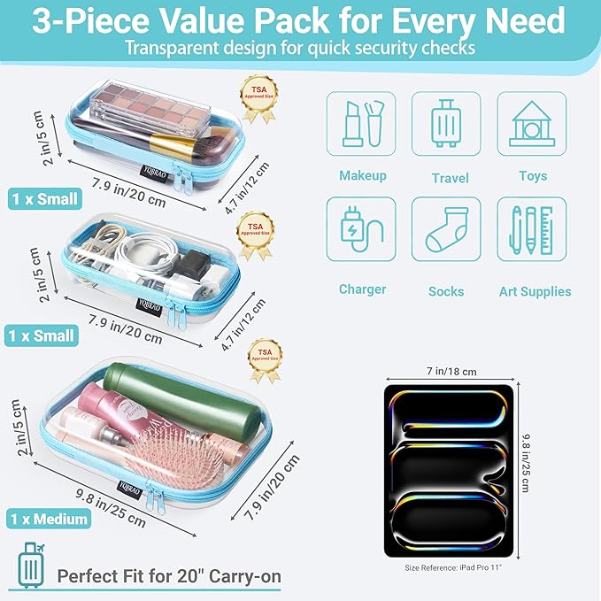 YQBRAO Clear Hard Shell Organizer Cases, 3-Pack, Blue
