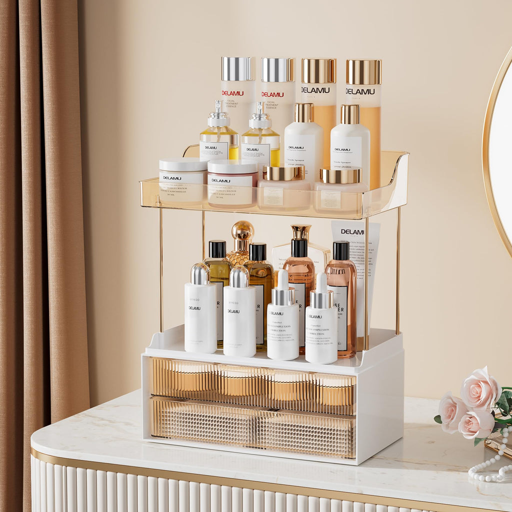 Delamu Bathroom Organizers and Storage, 2 Tier 2 Drawer Makeup Organizer Countertop, Easy to Install, Ideal for Bathroom Counter, Vanity, Ideal Gifts for Women Girls, Amber