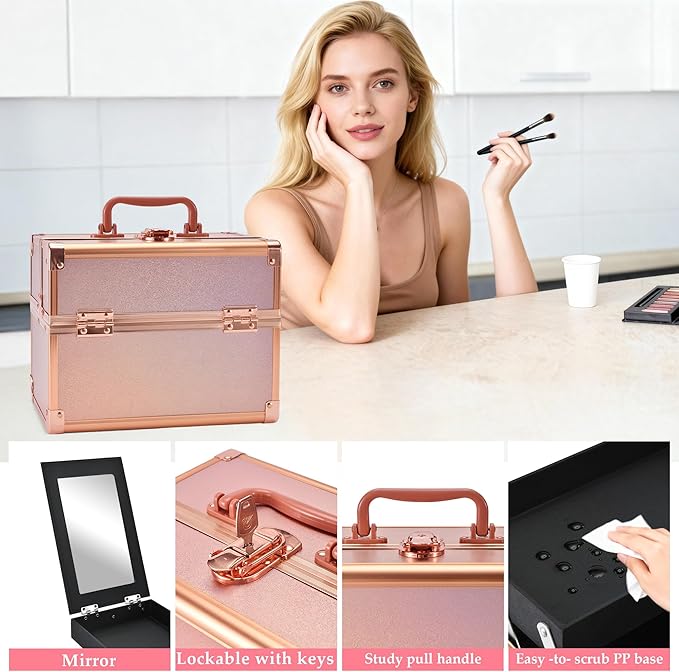 GALHUBIS Makeup Train Case, Portable Makeup Case with Mirror, 2-Trays Cosmetic Organizer Case,Nail Polish Organizer, Travel Makeup Box, Profesional for Salon Barber, Rose Gold