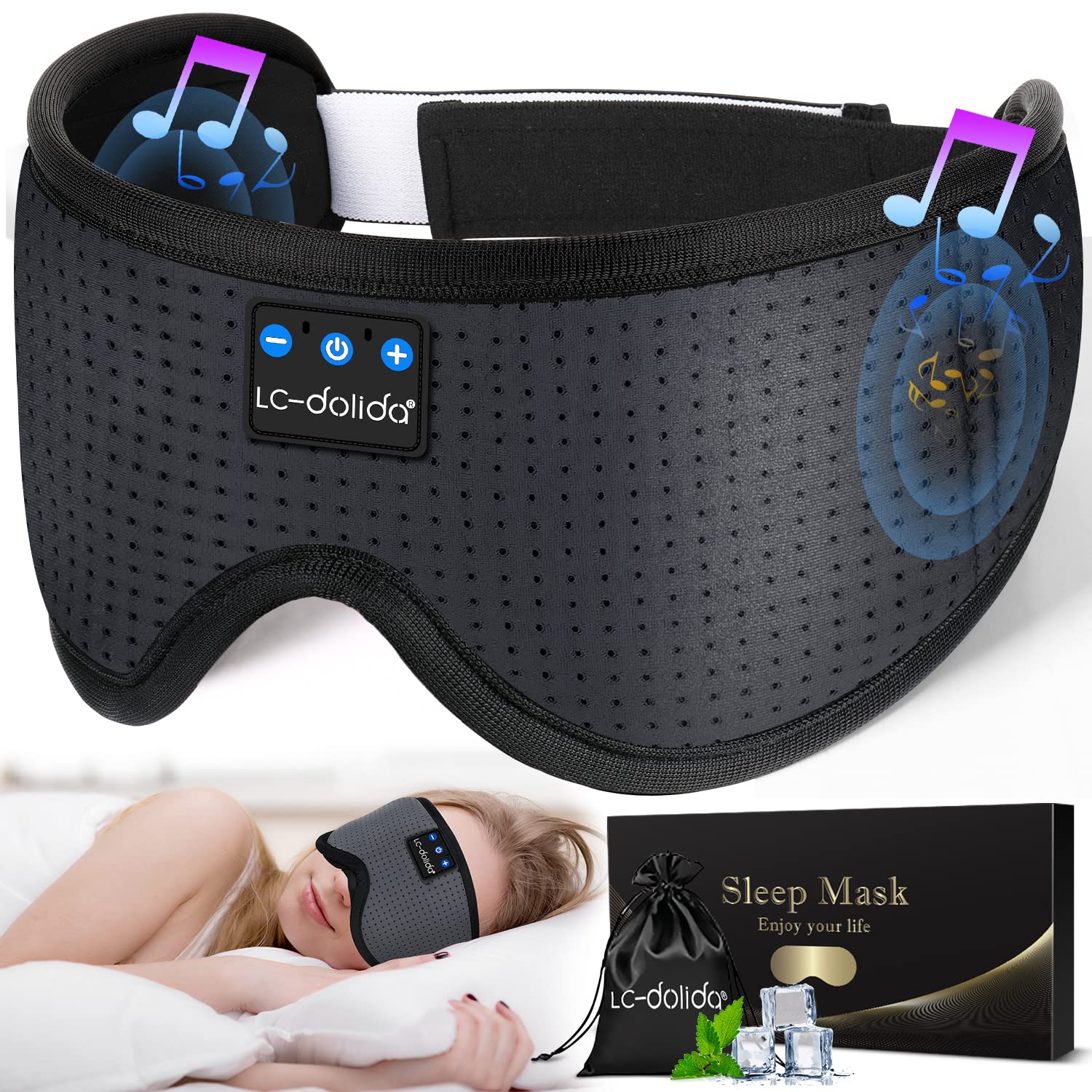 LC-dolida Sleep Headphones, Sleep Mask Bluetooth Wireless Music Eye Mask, Sleeping Headphones for Side Sleepers Sleep Mask with Bluetooth Headphones Ultra-Thin Stereo Speakers Perfect for Sleeping