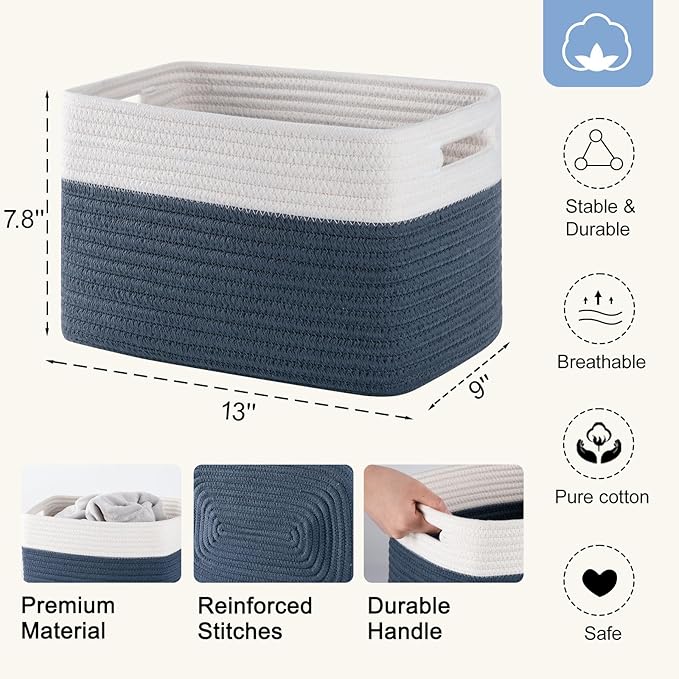 SIXDOVE 4 Pack Storage Baskets for Organizing, Woven Baskets for Shelves - Perfect for Toys, Books, Towels, and Clothes, Durable Gift Basket Bins Toy Storage, 12.7''L x9''W x7.8''H, Blue and White