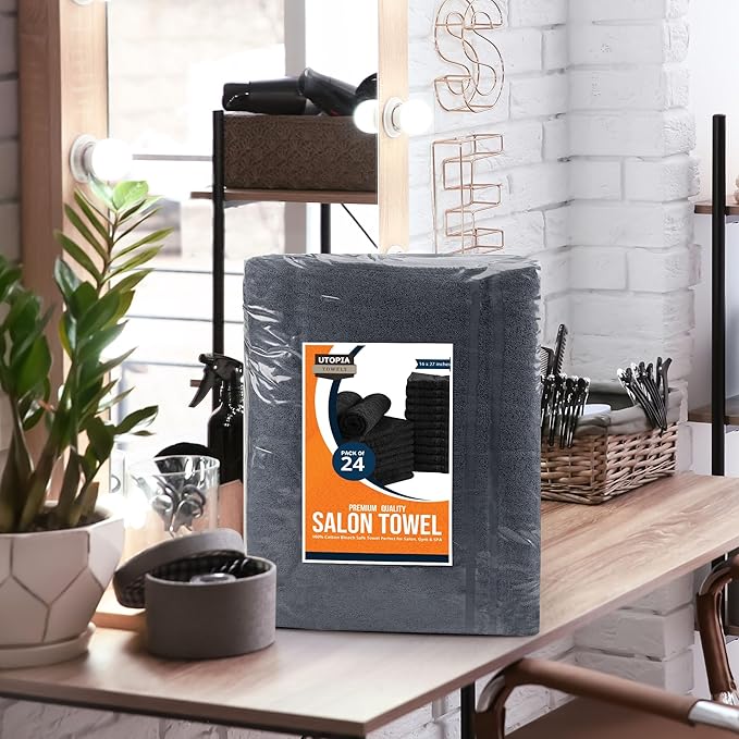 Utopia Towels Cotton Bleach Proof Salon Towel 16 by 27 inches, Bleach Safe 100% Cotton Hand Towel for Gym, 12 Pack, Dark Grey