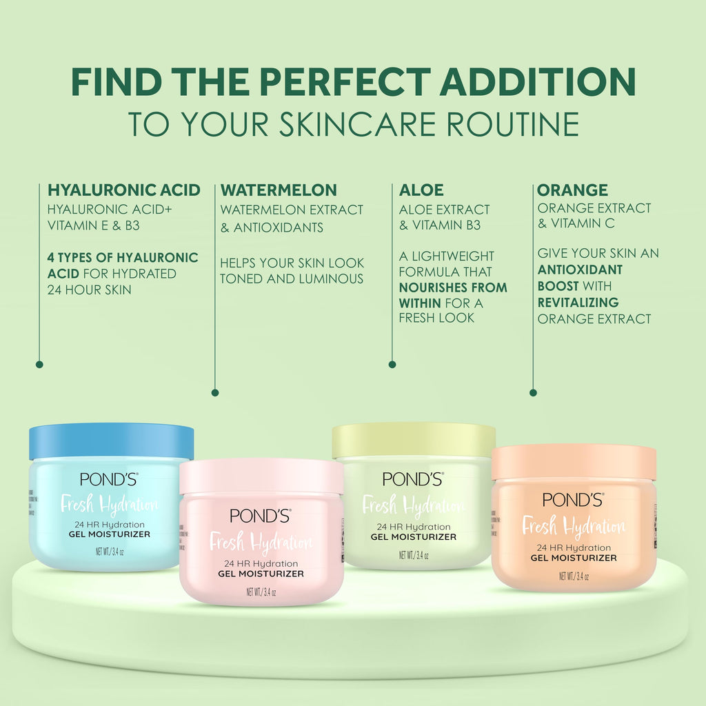 POND’S Fresh Hydration Gel Moisturizer, 24HR Hydrating Face Moisturizer with Aloe Vera Extract, Vitamin E & B3 Niacinamide, Alcohol-Free, Oil-Free, Dermatologist Tested, 3.4 oz