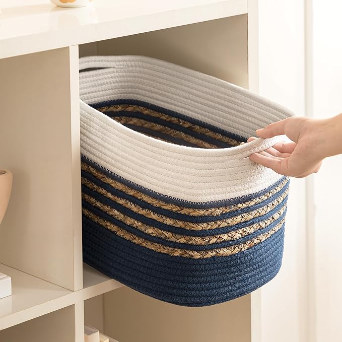 UBBCARE 4 Pack Baskets for Organizing, Woven Storage Baskets for Toys and Towel, Rectangle Cotton Rope Basket with Handles, 14''L x 8''W x9''H, Navy Blue