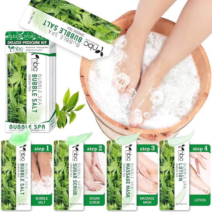 nbc BeautiLab Pedicure Kit Foot Soak Set: Bubble Salt, Sugar Scrub, Massage Mask, Massage Lotion in a Box, 4 Step Foot Spa Kit for Dry Feet, Calluses and Tired Feet (1 Set Green Tea)