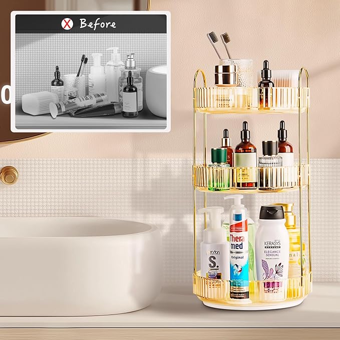 Niluks 360 Rotating Makeup Organizer - Large Capacity Spinning Perfume & Cosmetic Skincare Holder for Vanity & Countertop (Vibrant Orange, 3 Tier)