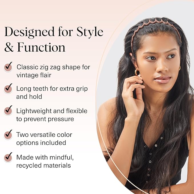 Kitsch Zig Zag Headbands for Women – Fashion Accessories for Slicked Back Styles - Comfortable Wavy Headbands | Comb Headband with Teeth - Neutral - 2 pcs