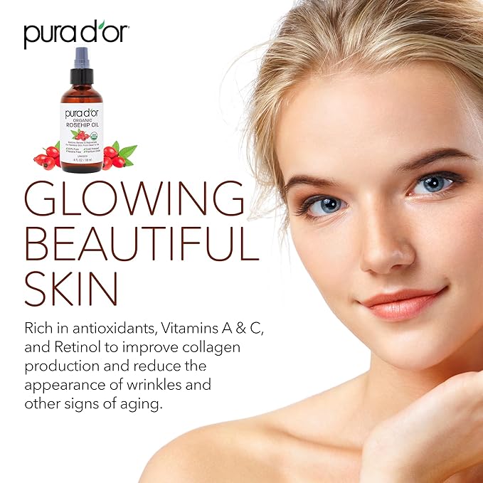 PURA D'OR ORGANIC Rosehip Seed Oil 100% Pure Cold Pressed USDA Certified For Hair, Skin, Scalp, Anti Aging Face & Body - Hexane Free Glass Bottle - 4 Oz - Hair Regrowth Tonic