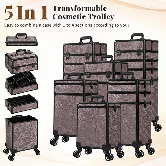 JINGUAN Professional Rolling Makeup Train Case with Lid, 5 in 1 Cosmetology Case on Wheels, Large Cosmetic Trolley Organizer Travel for Hairstylist Artist Nail Beauty Salon Barber, Brown Ink