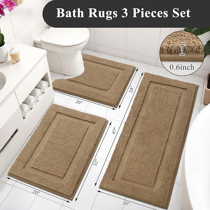 SHACOS Khaki Brown Bathroom Rugs Sets 3 Piece Bath Mat U Shaped Toilet Rug