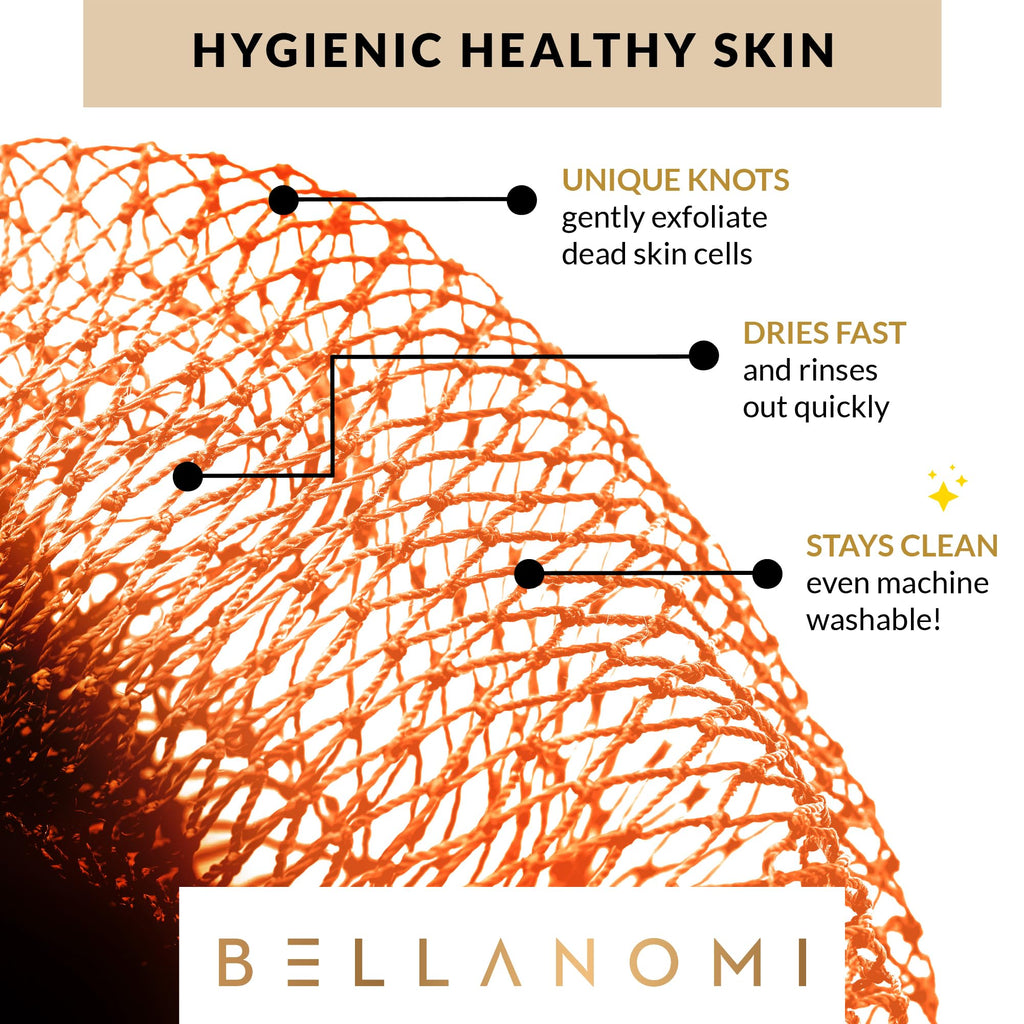 BELLANOMI African Exfoliating Net Sponge, Authentic, Ethically sourced from Nigeria, 45 inches Long, Back Scrubber for Daily use (Orange)