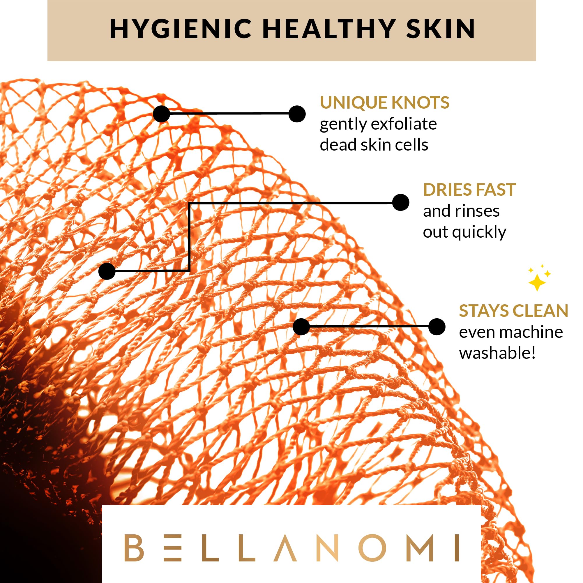 BELLANOMI African Exfoliating Net Sponge, Authentic, Ethically sourced from Nigeria, 45 inches Long, Back Scrubber for Daily use (Orange)