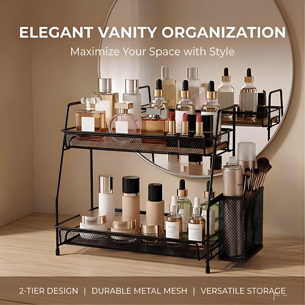 LEMIKKLE 2-Tier Bathroom Countertop Organizer,Skincare, Makeup Countertop Organizers, Kitchen, Bathroom Counter Storage with Small Basket (Black)