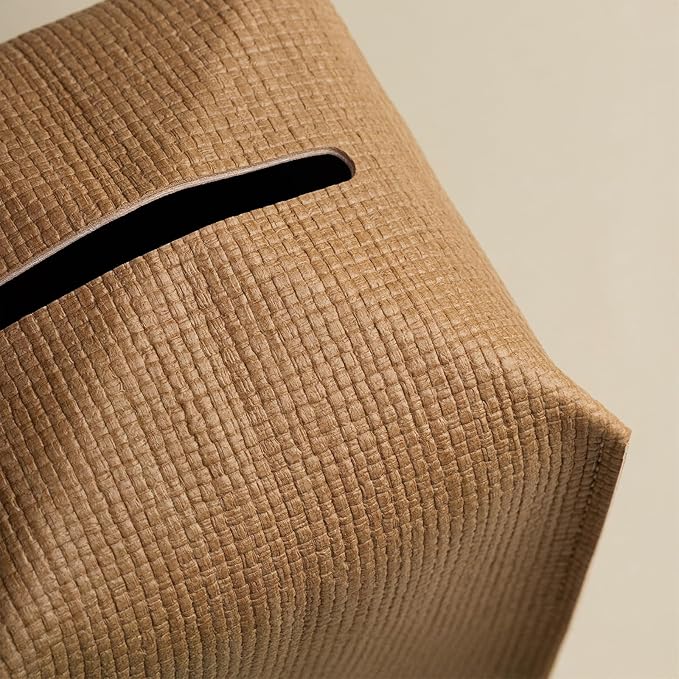 OLETHA Square Tissue Box Cover - Aesthetic Desk Decor for Room, Home & Office - Tissues Cube Boxes Holder - Raffia Embossing, Wheat