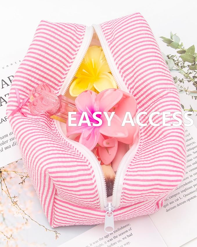 PAZIMIIK Cozy Makeup Bag for Women,Zipper Cosmetic Pouch,Stripe Candy Pink