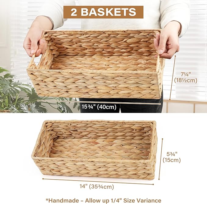 LotFancy Bathroom Basket, 2 Pack Water Hyacinth Toilet Paper Basket, Hand Woven Back of Toilet Organizer for Toilet Tank Top Countertop, Wicker Baskets for Shelves