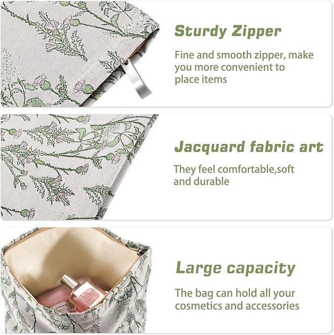 URSKYTOUS Flower Makeup Bag Travel Large Cosmetic Bag for Women Cute Leaf Makeup Pouch Zipper Cosmetic Pouch for Purse Aesthetic Green Floral Skincare Organizer Portable Toiletry Bag