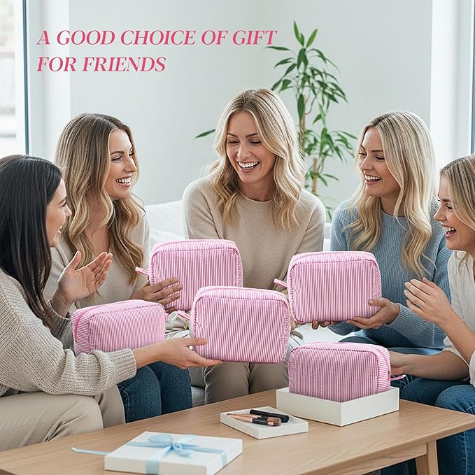 Sanwuta 9 Seersucker Cosmetic Bag Bulk Striped Makeup Bag for Women Aesthetic Cute Travel Toiletry Organizer Preppy Storage Pouch for Wedding Bridesmaid Mother's Day Teacher Gift (Large,Pink)