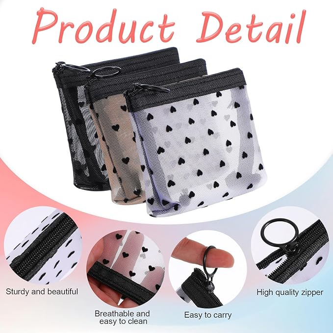 Aiyorse 3Pcs Mini Cosmetic Bags, Heart Print Mini Zipper Mesh Bags, Lipstick Cosmetic Accessories Organizer, Zipper Mesh Cosmetic Bag for Women, Small Makeup Bag for Purse, Style 3