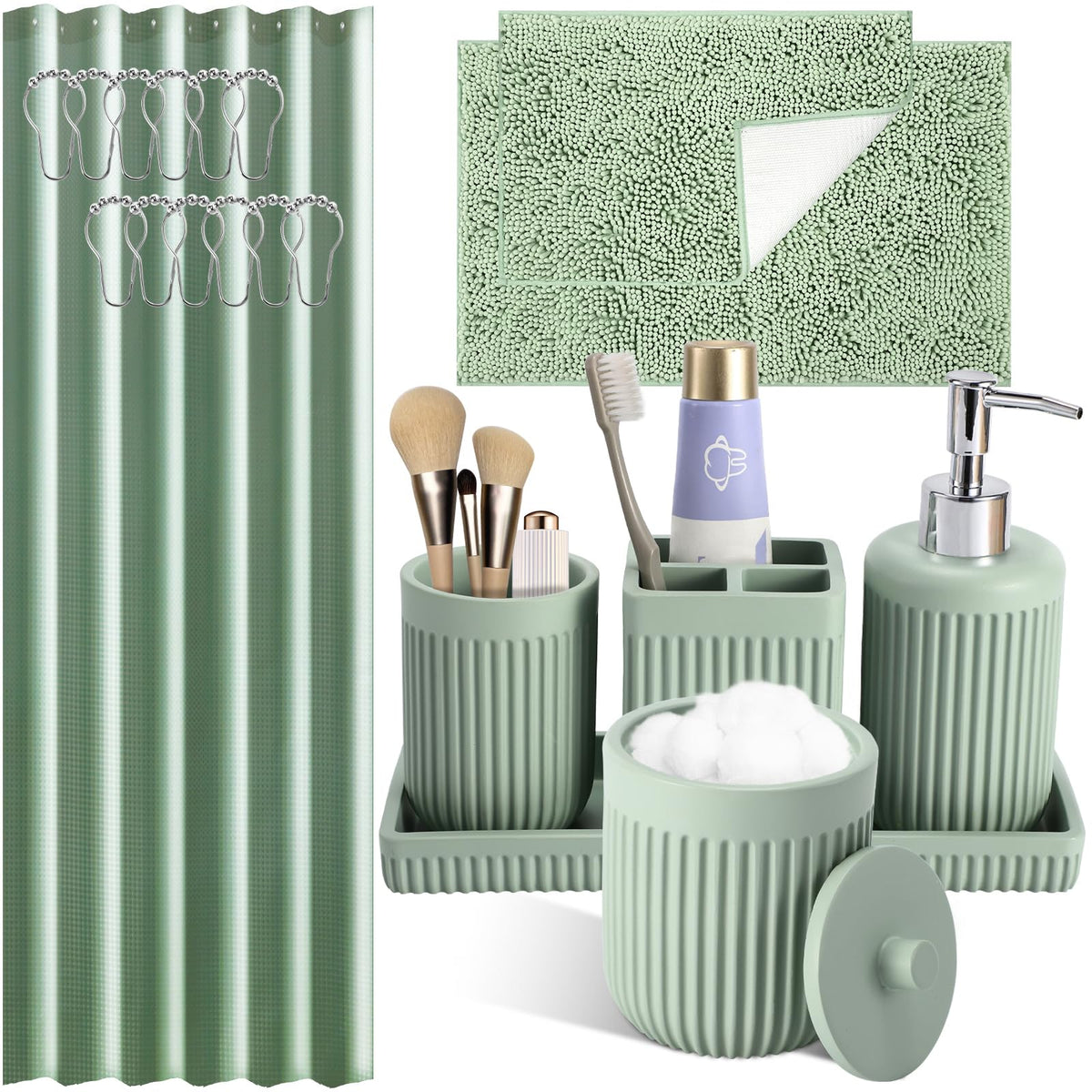 XLHOMO Matte Black Bathroom Sets with Shower Curtain and Rugs, 8-Piece Resin Bathroom Accessories Sets Complete, Soap Dispenser, Toothbrush Holder, Tumbler, Tray & Apothecary Jars Bathroom Essentials