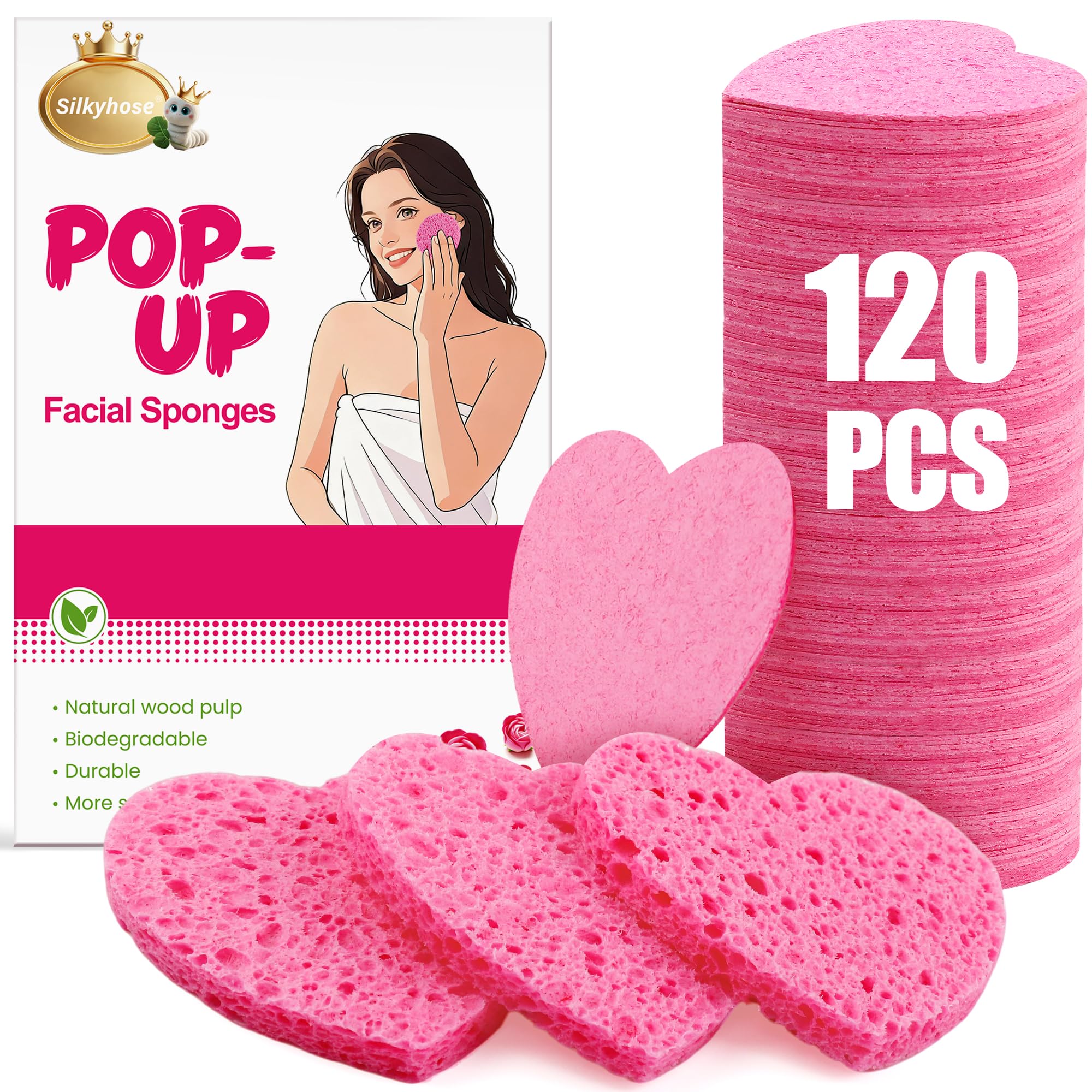 Silkyhose Women 120-Count Compressed Cellulose Heart Shape Face Facial Sponges 100% Natural Cosmetic Sponges for Facial Cleansing Exfoliating Mask Skin Massage (（Pink） 120 Count)