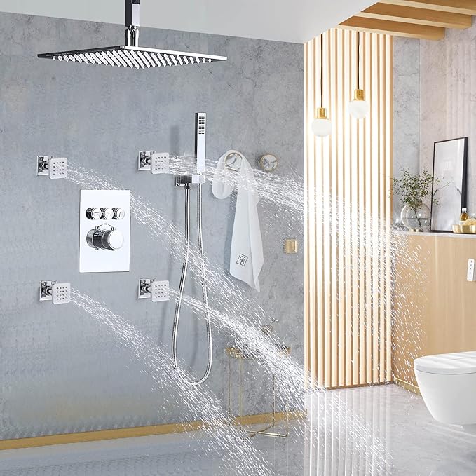 Brass Shower Body Jets with Adjustable Flow, Massage Spa Polished Chrome Square Body Spray Shower Side Wall Sprayer Head Jets, 4 pcs, Water Saving