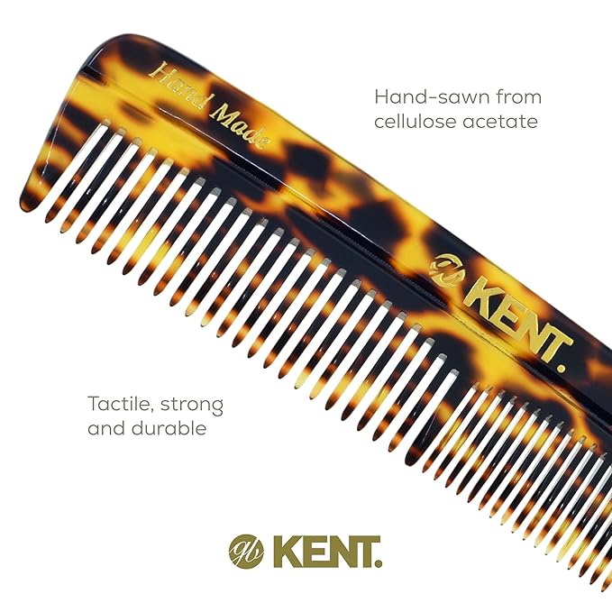 Kent R7T TY Fine and Wide Tooth Hair Comb, Handmade Pocket Comb for Mens Beard and Mustache for Everyday Grooming and Styling, Sawcut Hand polished, Made in England