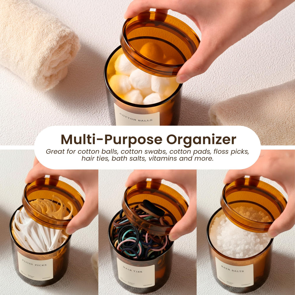 MaisoNovo Glass Bathroom Containers with Lids (Airtight) - Qtip Holder - Apothecary Jars for Cotton Rounds, Swabs, Balls, Pads - Amber Q Tip Dispenser - 2 pcs Bathroom Canisters Set for Organization