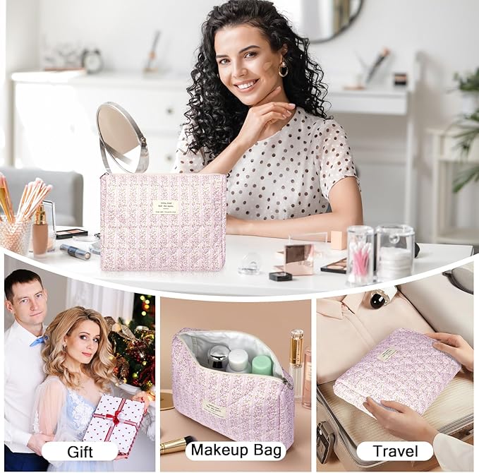 Gosect 2PC Makeup Bag Set, Cute Cosmetic Bag for Women Girls, Floral Coquette Aesthetic Toiletry Bag, Travel Make Up Organizer Bag (White Pink Butterfly Flower)