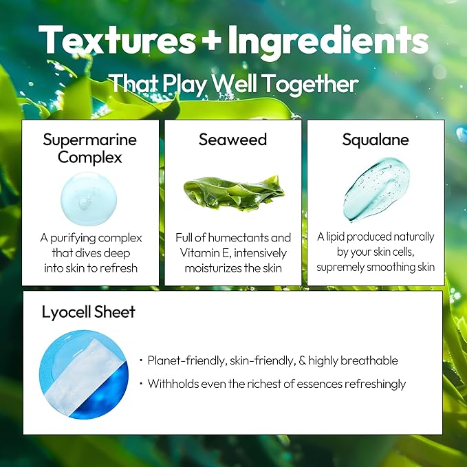 LAPCOS K Beauty Seaweed Sheet Mask - Purifying & Hydrating Face Masks with Hyaluronic Acid & Squalane for Dull, Dry Skin & Uneven Texture - Highly Breathable Lyocell Sheet Korean Skin Care (Pack of 5)