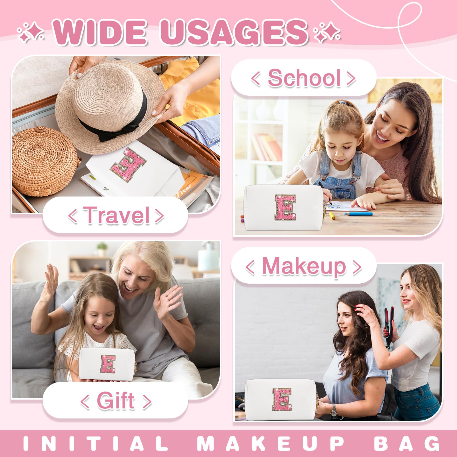Small Initial Patch Makeup Bag Personalized Gifts Make Up Bag,White Cute PU Leather Glitter Letter Cosmetic Bag with Zipper,Trendy Portable Travel Toiletry Pouch,Preppy Stuff for Teen Girls Women E