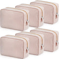 Sanwuta 6 Seersucker Cosmetic Bag Bulk Striped Makeup Bag for Women Aesthetic Cute Travel Toiletry Organizer Preppy Storage Pouch for Wedding Bridesmaid Mother's Day Teacher Gift (Large,Khaki)