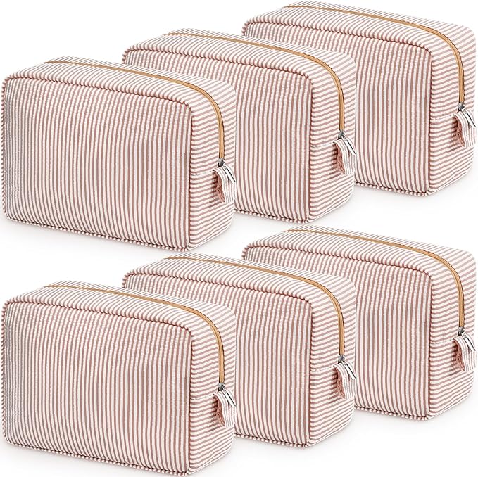 Sanwuta 6 Seersucker Cosmetic Bag Bulk Striped Makeup Bag for Women Aesthetic Cute Travel Toiletry Organizer Preppy Storage Pouch for Wedding Bridesmaid Mother's Day Teacher Gift (Large,Khaki)