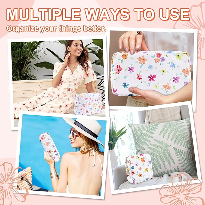 Waterproof Small Floral Makeup Bag Pouch for Purse,Nylon Flower Cosmetic Bag Preppy Travel Toiletry Storage Bag for Women Girl,Cute Makeup Organizer Bag Pouch with Zipper(Small Colorful-Flowers)
