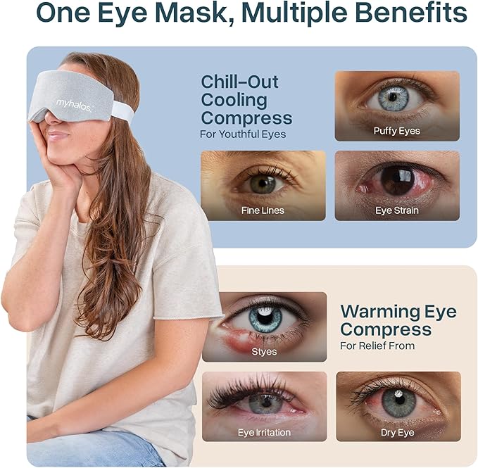 MyHalos 2-in-1 Hot & Cold Gel Eye Mask - Cooling Eye Mask for Puffiness, Fine Lines, Sinus Relief & Stye, Migraine, Puffy, Heated, Cold Ice Face Pack Compress Freezer