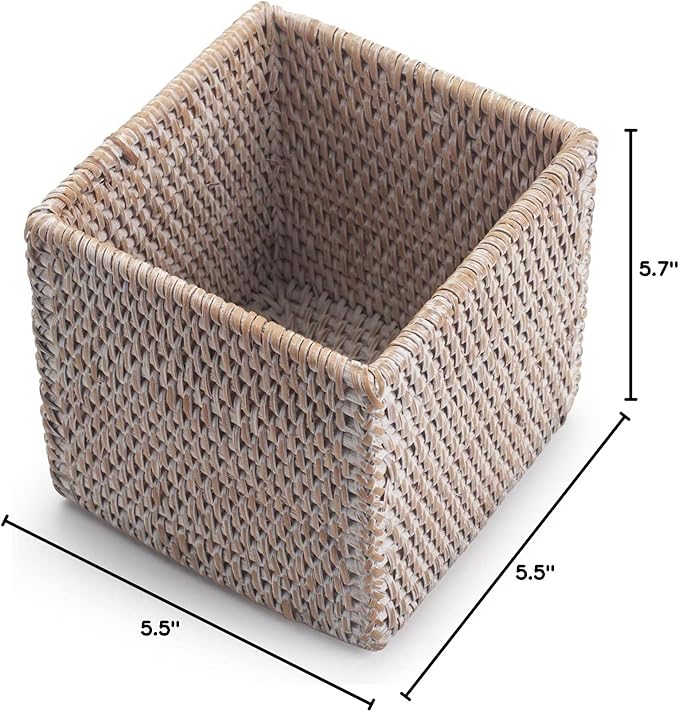 Rattan Tissue Box Cover Square, Hand Woven Wicker Tissue Holder, 5.5 x 5.5 X 5.7 inch, Whitewash