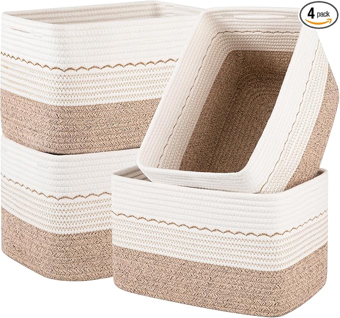 4 Pack Storage Baskets for Organizing, 13"X9"X7.87", Decorative Cotton Rope Baskets for Shelves, Small Woven Basket for Toys, Books and Towels, Brown & White
