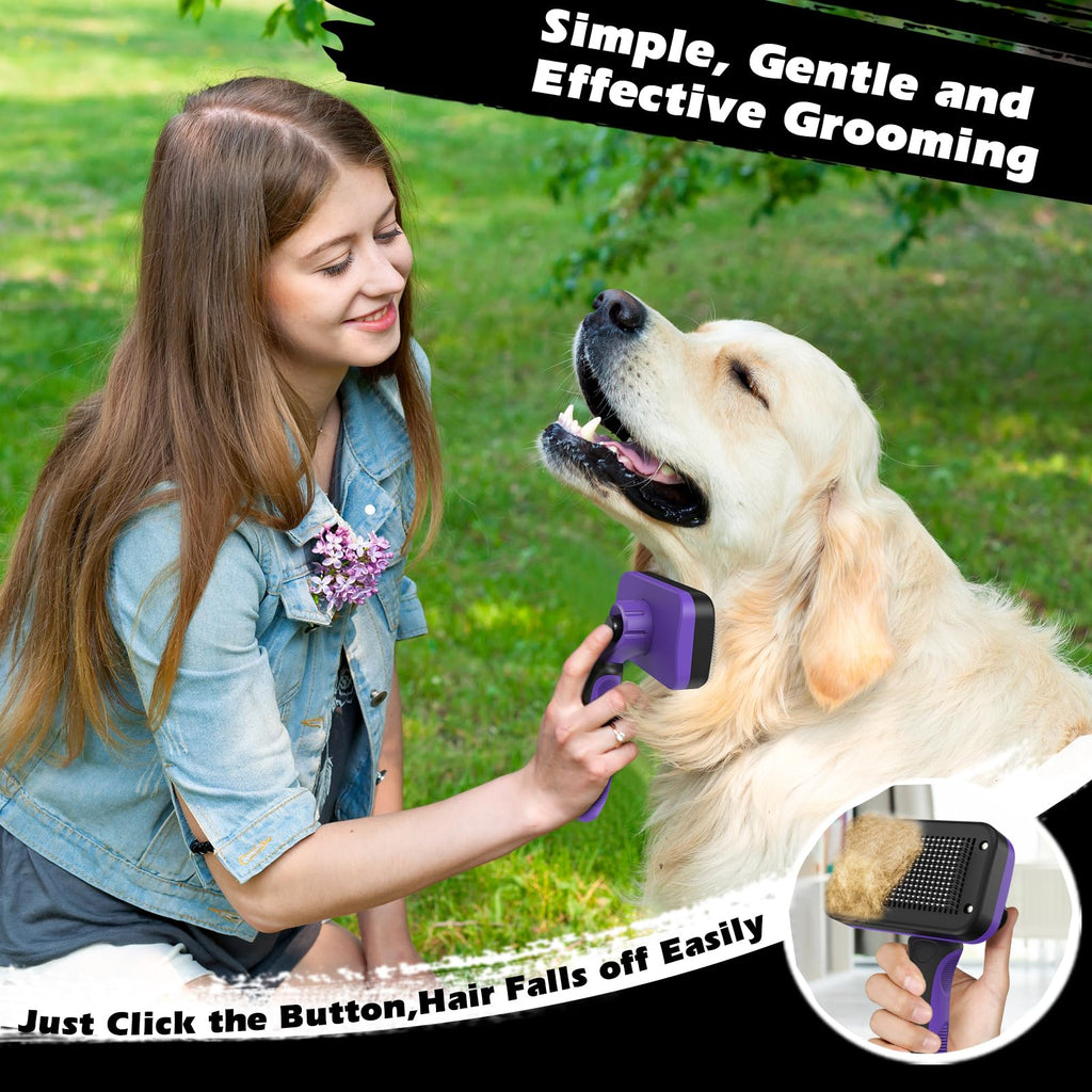 Professional 3PCS Self Cleaning Slicker Brush & Pet Grooming Rake & Flea Comb for Dogs,Cats and Horses | Double-Sided Dematting Comb & Skin Friendly Deshedding Grooming Tool | Pet Supplies (Purple)