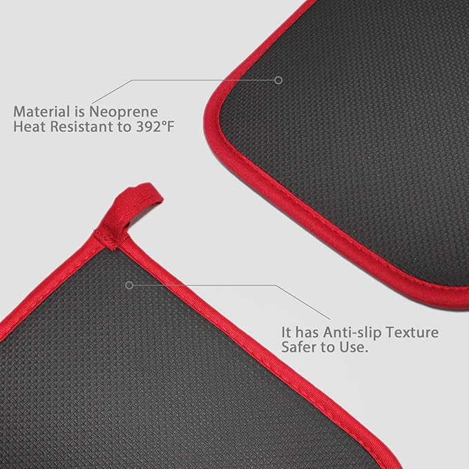 YEKOO 2Pcs Cotton and Neoprene Oven Pads Pot Holders with Pocket 8"x8.5" Dual-Function Hot Pad Set for Finger Hand Wrist Protection Heat Resistant to 428°F,Red