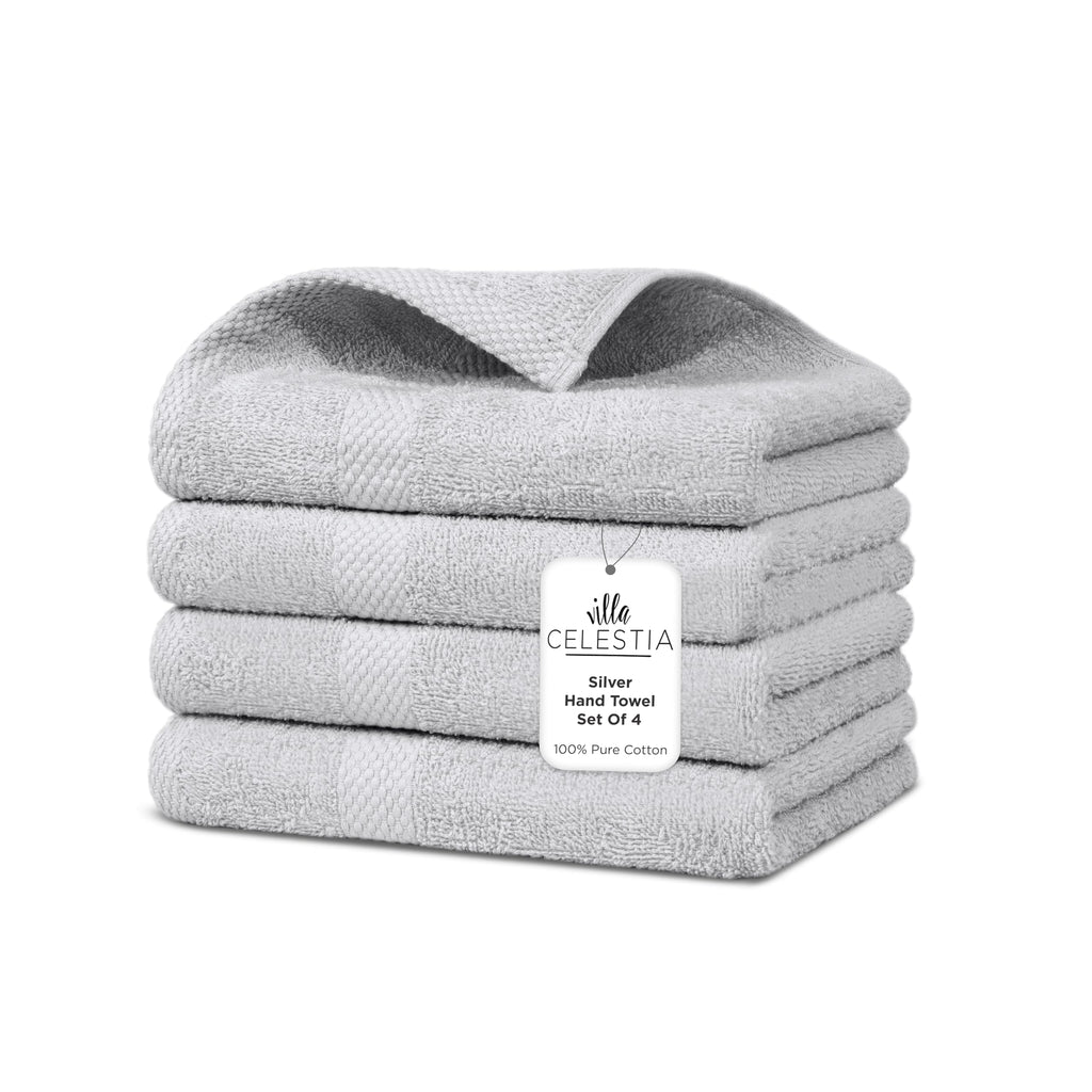 Villa Celestia Cotton Hand Towels Set of 4, 16 x 28, Oeko-TEX Certified, Quick Dry, Silver