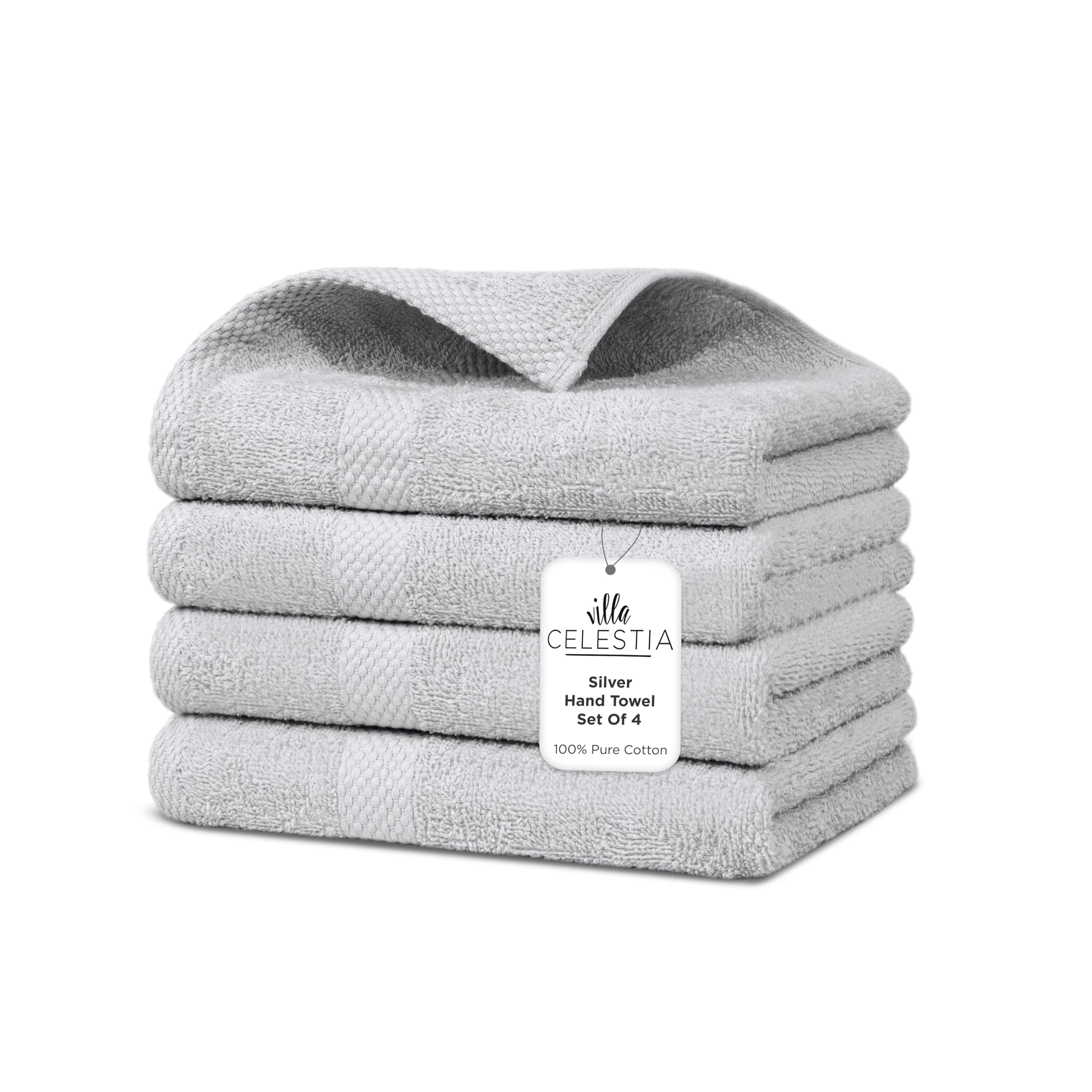 Villa Celestia Cotton Hand Towels Set of 4, 16 x 28, Oeko-TEX Certified, Quick Dry, Silver