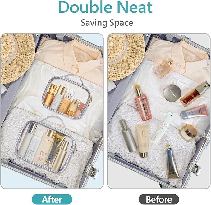 PACKISM 2 Pack Clear Makeup Bag Set (1 Large 1 Medium) - Foldable TSA Approved Toiletry Bag for Carry-on & Checked Luggage, Water Resistant Car Storage Organizer, Silver