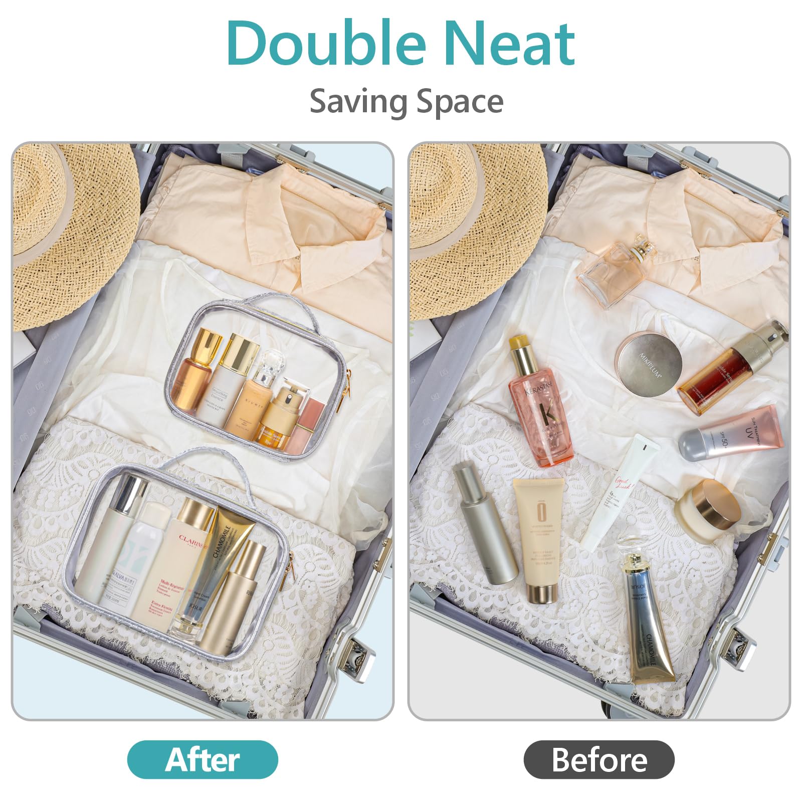 PACKISM 2 Pack Clear Makeup Bag Set (1 Large 1 Medium) - Foldable TSA Approved Toiletry Bag for Carry-on & Checked Luggage, Water Resistant Car Storage Organizer, Silver