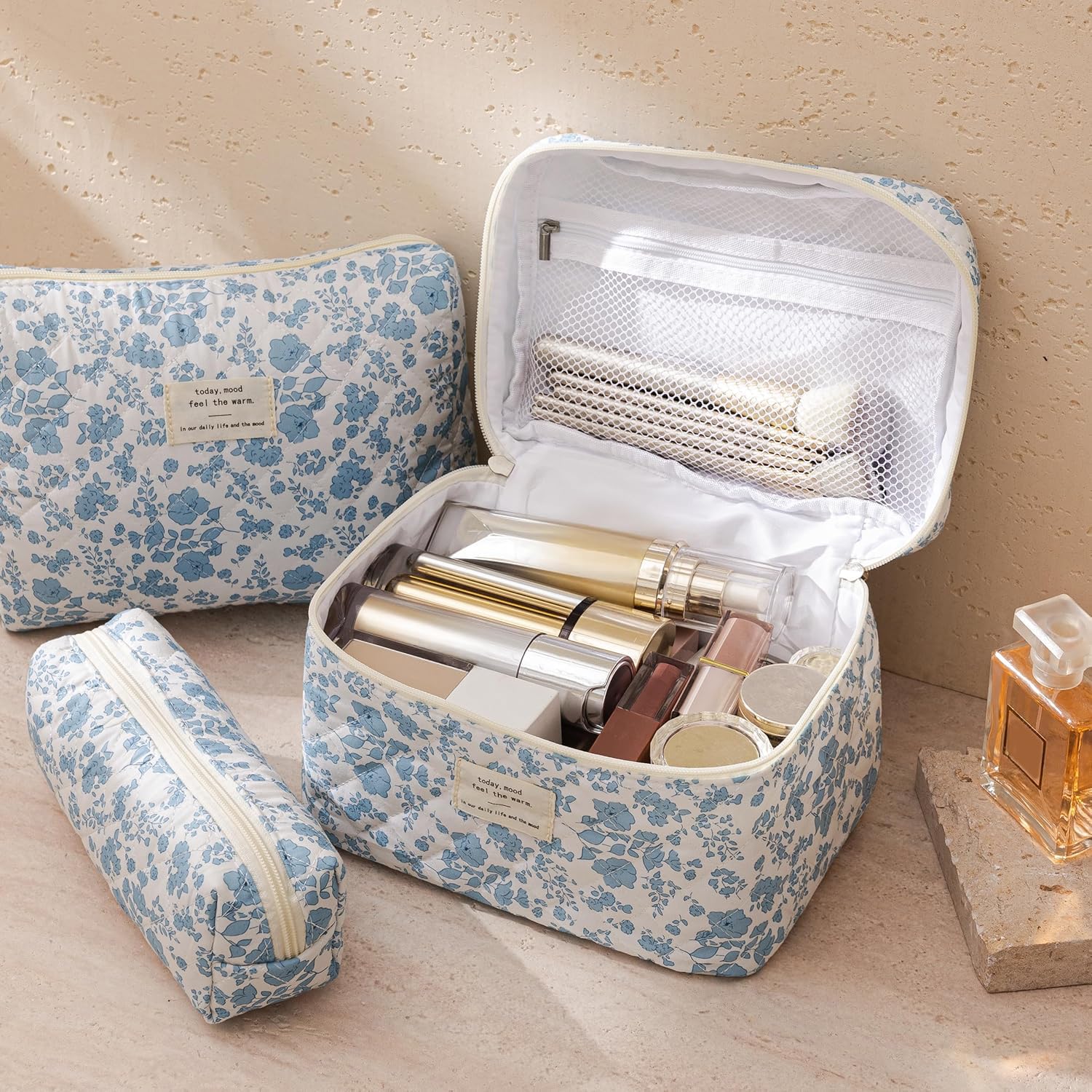HBselect Quilted Makeup Bag, 3Pcs Cotton Large Travel Makeup Bags Organizer