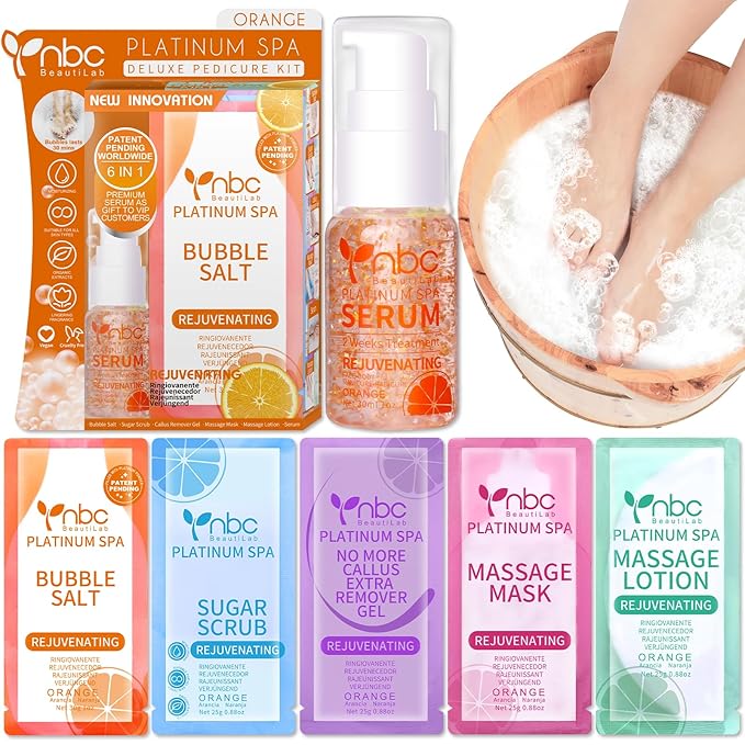 nbc BeautiLab Pedicure Foot Soak Set - Upgraded 6 in 1 Foot Spa, Foot Bath Spa, Pedicure Kit for Tired & Dry Cracked Feet, Athletes Feet, Bad Odor, Softens Calluses (Orange)